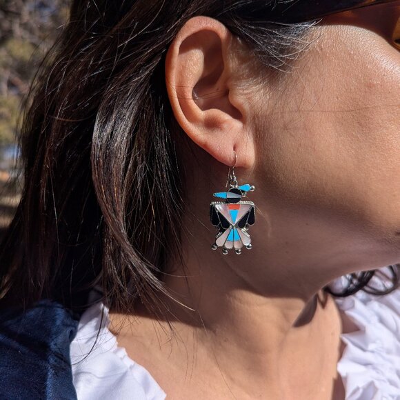 Genuine Native American Earrings Zuni Handmade Jewelry Thunderbird Design ***‎ - Picture 4 of 12